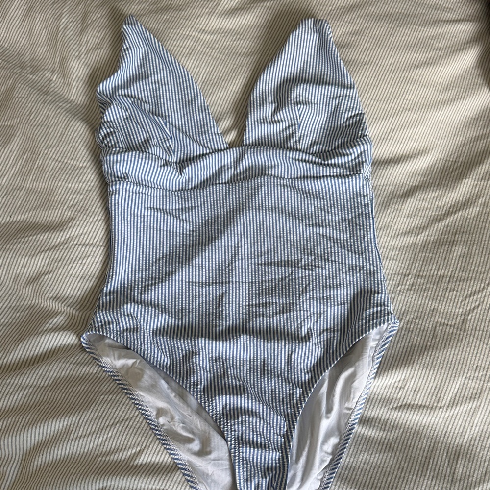 J. Crew Navy and White Pinstripe V-Neck One-Piece Swimsuit